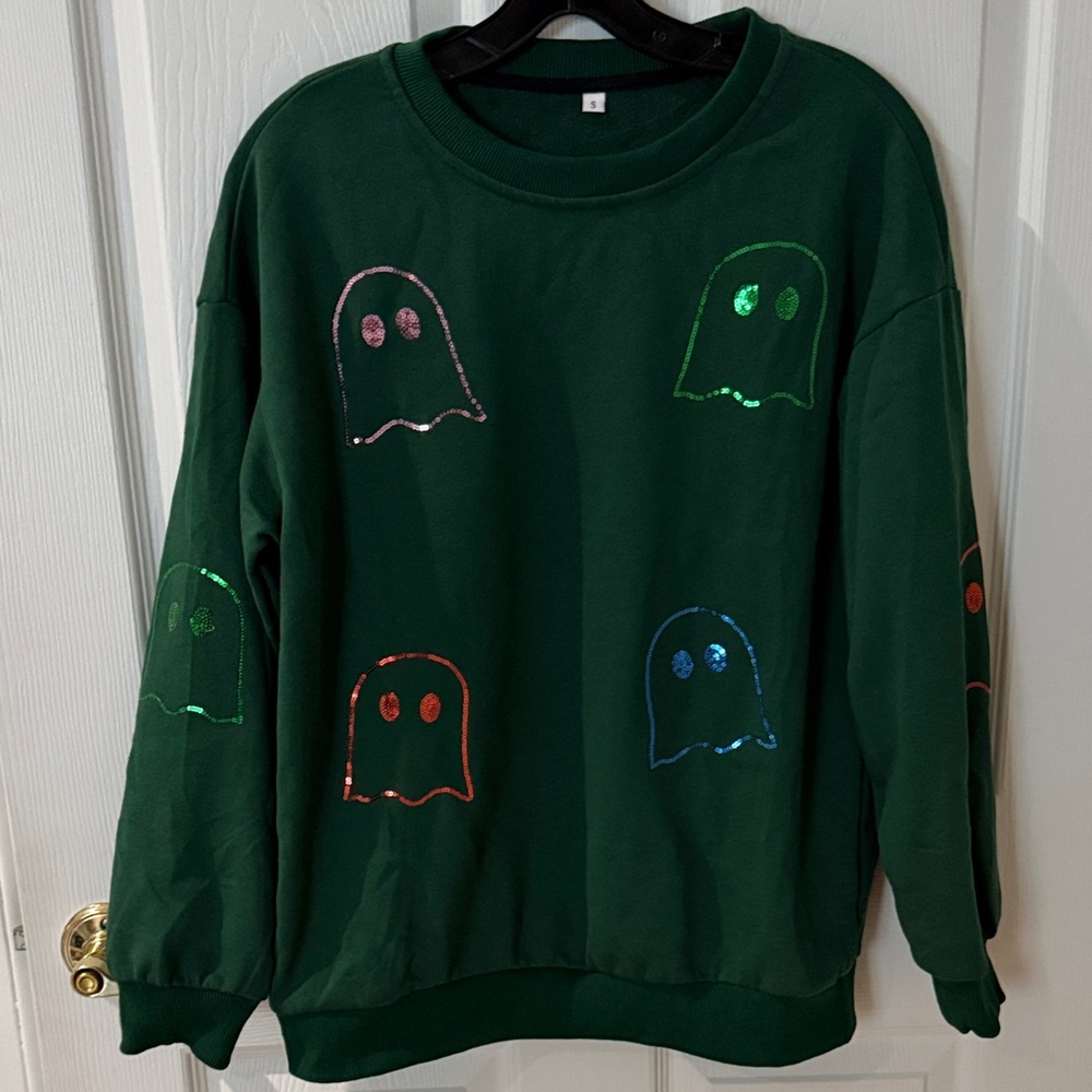 Green Ghost Sequin Pattern Sweater Size Small Ove… - image 1